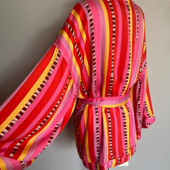 Farm Rio Lucy Parrot Stripe Tie Waist Embroidered Birds Cover Up Kimono Jacket - Picture 12 of 16